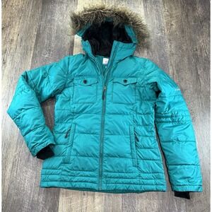 Columbia Jacket Womens Medium Teal Down Puffer Coat Hooded Parka‎ Duck Faux Fur